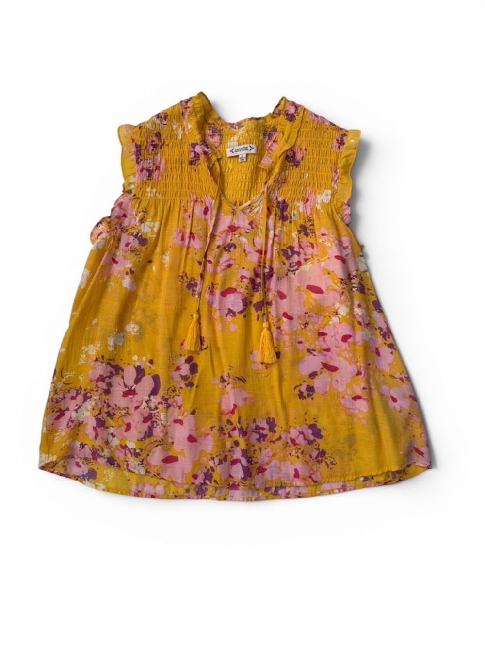 Nanette Lepore Yellow Floral Smocked Tassel Tank